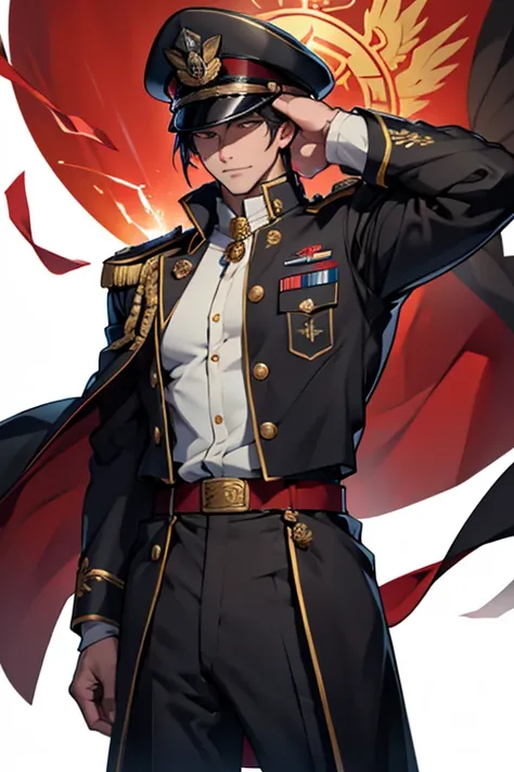 minister，uniform，military uniform，Brigade Captain，笔挺military uniform、Epaulettes（ “上将军衔Epaulettes” ）、Golden buttons、Standard tie、Armed belt、Shiny leather boots、Military cap（Such as "wide-brimmed hat"）、badge（如 “荣誉勋章”“部队badge” ）The red line adorns 