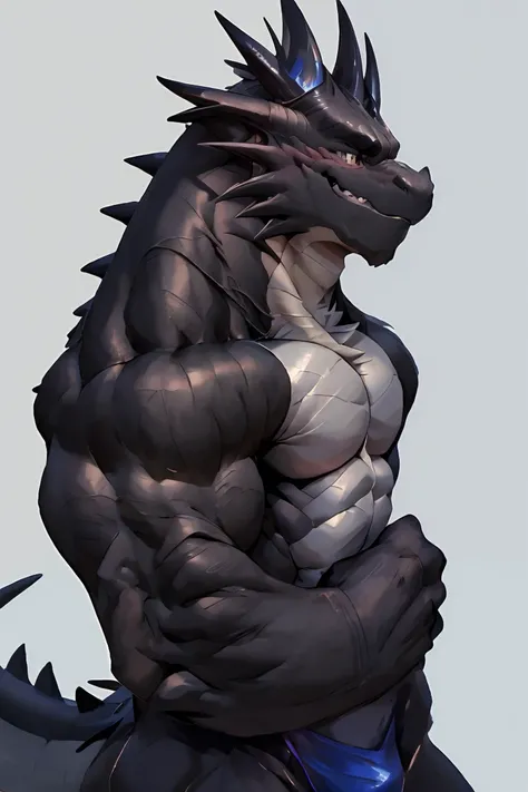 1man, Solo, Furry, A Black Dragon, From Side, Upper Body, Looking At the Viewer, Naked, Super Muscular, Blushes, Smirking, Gray Background, Simple Background, 