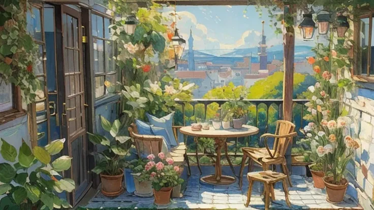 (Small Landscape:1.5),(  top quality), ((  Masterpiece)), (  nothing ),   illustrations,   original,    very detailed wallpaper  ,   not human,     window, scenery, plant, water, potted plant, outdoors, building, door, Home, flower pot, day, 睡蓮のleaf, chair...