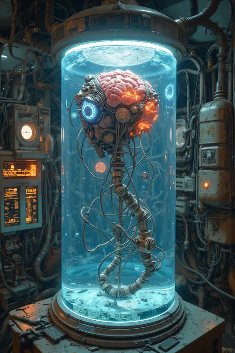  Secret Laboratory , close up of the brain cultured outside the body in an aquarium , Cable Connected to the Brain ,Secret Dangerous Experiment , illogical, discarded electronics  ,junk, ultra realistic configuration , surreal style in Las Vegas, neo-surre...