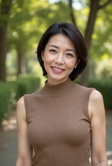Beautiful middle-aged woman standing in a park (48 years old: 1.4), ( face), wavy dark hair ,Slender and long legs, fine laugh lines: 1.2, and a bewitching smile . 。 sharp facial details , amazing beauty (Ultimate beauty), It features 、 (lipstick: 1.1...