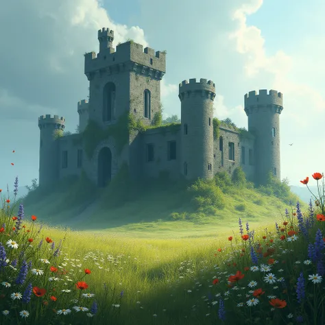 Make a pretty gloomy castle near which there is a lot of flowering grass in the background