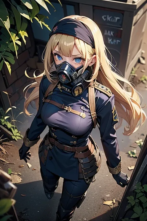 Female death korp soldier, photoreaistic, fit, fair skin, ((long blonde hair)), blue eyes, black eyeliner, (((perfect breasts))), warhammer 40k. Wearing ((((black death korp of krieg uniform)))) and ((death korp of krieg gas-mask)). World war 1 Trench back...