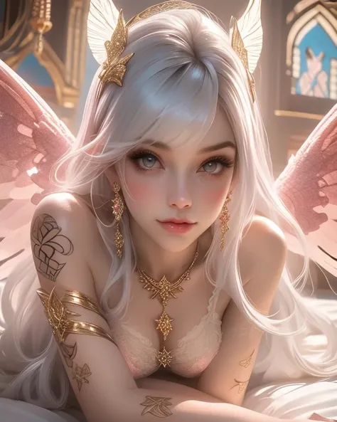 Ariel,  portrait of the bust,   white hair ,   Beautiful extra transparent arabic style mini lingerie  , warrior,  Large and Magnificent Angel Wings   ,   wearing gold jewelry all over her body   , diaphragm, adjust,   white hair ,    lying on her stomach ...