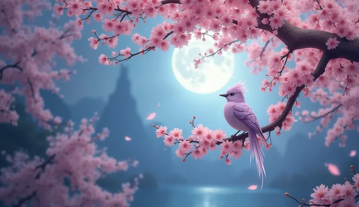 Cherry Blossom ,beautiful, moon Shine,elegant bird in a fairytale land in Disney Style,in Ultra HD,,create intricate beautiful and delightful symmetry