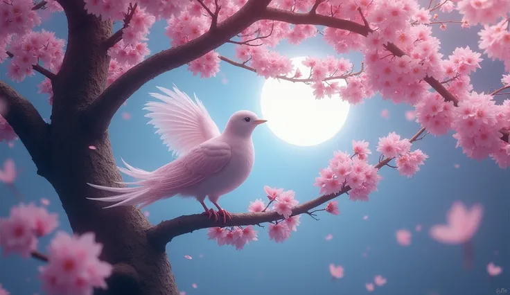 Cherry Blossom ,beautiful, moon Shine,elegant bird in a fairytale land in Disney Style,in Ultra HD,,create intricate beautiful and delightful symmetry