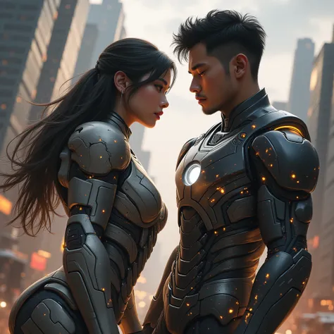 A beautiful cute young asian girl, and a handsome young asian guy, both wearing battle torn ironman suit.