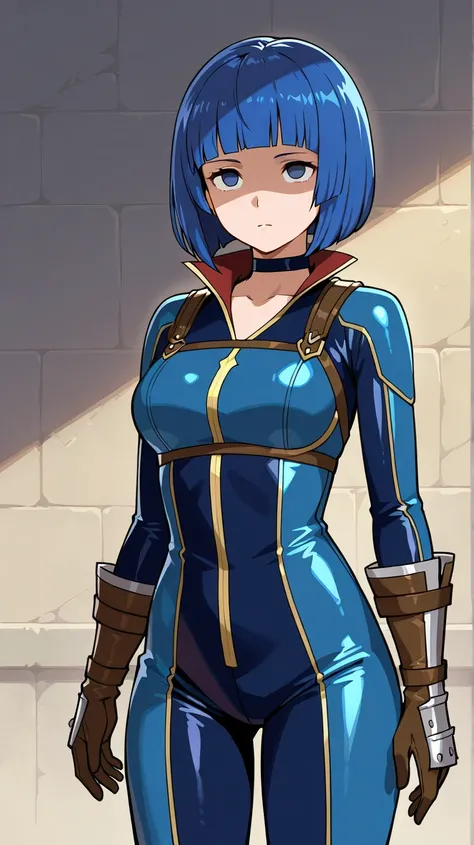 Ike (fire emblem),neutral, expressionless, standing, looking at viewer, (((blunt cut, bob, blunt bangs, bob cut))), wiry, gloves, choker, navy blue bodysuit, shoulder,cowboy shot,Shaded face, rolling eyes, no pupils, 1girl, solo, blue hair, blue eyes, late...