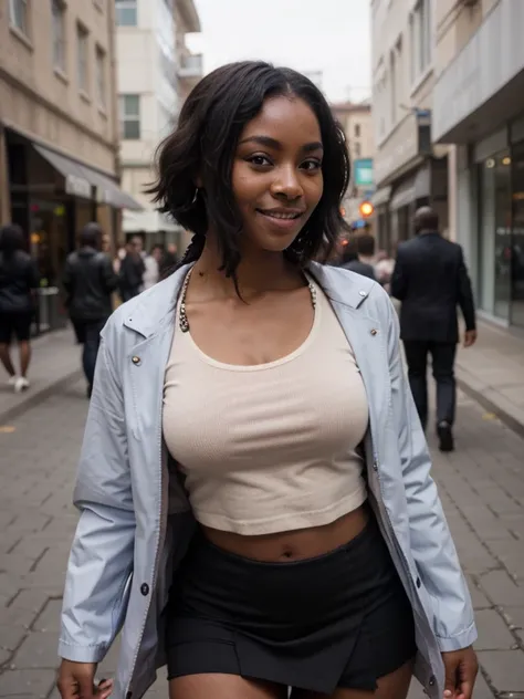 African black woman, very dark ebony skin, Happy, dreadlocks chignon, Fitness musclular body, business suit miniskirt, raincoat, close-up portrait, street, stand from face 