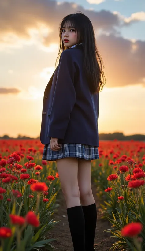 8k,  Masterpiece,  top quality,  beautiful Korean woman ,  Eye Level Perspective , Straight black hair,  school uniform, Long sleeve navy blue blazer ,  plaid pleated skirt,  White Collar Shirt ,  tie,  black knee-high socks,  brown loafers ,  Relaxed Post...