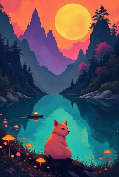 An incredibly beautiful fluffy lemon-colored animal with neon stripes sits on the shore of a beautiful turquoise lake. A glowing silver boat floating on the lake.  A fantastic crimson sunset in a fabulous forest. Bizarre incredible fantastic trees, lots of...