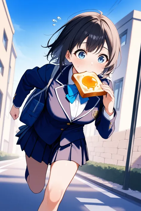 1girl, hold toast with mouth, blazer, pleats  skirt, running, flying sweatdrops, has school bag, morning, street, Block walls