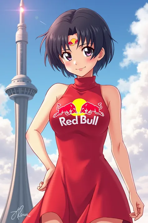 original art, sailor saturn, Tomoe Hotaru, sailor moon, red bull dress, Red Bull logo on the chest, Smiling, Alone, Tower in background, anime