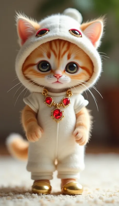 cute little kitten,  stand 、Cute for women、A hat made from curly beetle eyes、smileのカブトムシが描かれた黒いTシャツ、Cute design baby white pants、gold shoes、A gorgeous necklace with beautiful red gemstones、 Masterpiece,  blurry background indoors, smile,  please open your ...