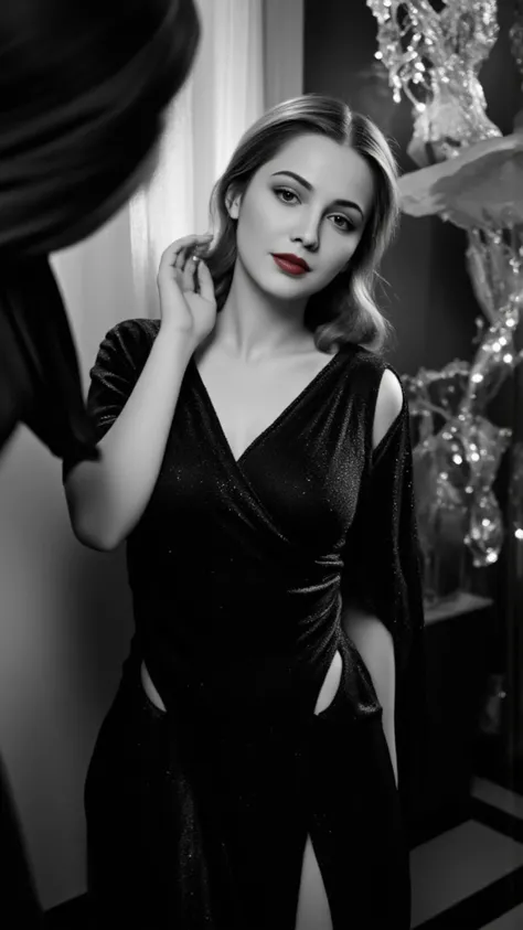 Create a captivating black and white photograph that embodies the enchanting essence of classic 1930s Hollywood glamour. The scene features an actress adorned with vibrant, real red lipstick and a shimmering, elegant black dress, striking a pose for a phot...