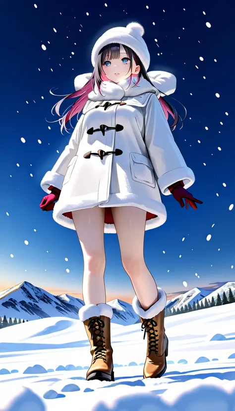  Real Skin、 Realistic clothes 、 Professional Photoshoot、  Snow Mountain 、 all nude、  Japanese、  Wool Hat、 gloves、  warm boots  、  it's snowing 、 scoops up snow with both hands and throws it up、  sparkles、   look up from below  、