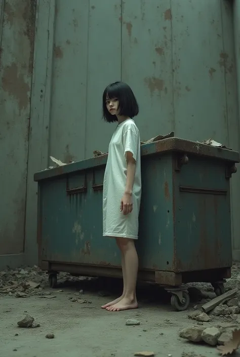 Abandoned  ,Dumpster, black hush-cut hair, dark brown hair ,white short sleeve clothes,Barefoot,