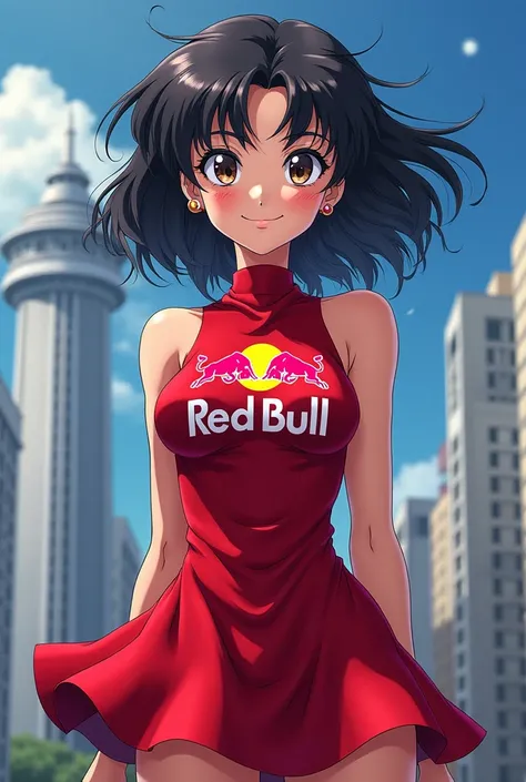 original art, sailor saturn, Tomoe Hotaru, sailor moon, red bull dress, Red Bull logo on the chest, Smiling, Alone, Tower in background, anime,  black dress 