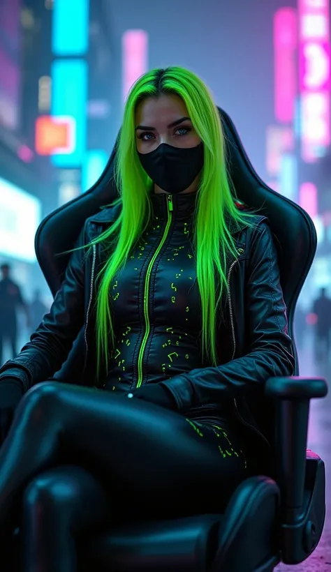 A futuristic female gamer sitting confidently in a sleek, modern gaming chair. She has long,  vibrant green hair and wears a stylish cyberpunk inspired outfit.  A neon accented black leather jacket over a firm fitting high tech  body suit with glowing  cir...