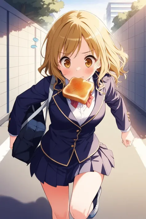 1girl, hold toast with mouth, blazer, pleats  skirt, running, flying sweatdrops, has school bag, morning, street, Block walls, wide view