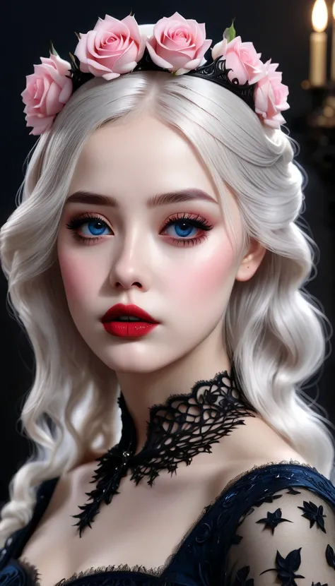 (best quality,4 k,8 k,higher ,masterpiece:1.2),ultra-detailed,(realistic,photorealistic,photo-realistic:1.37),gothic art,girl , super cute looks, wearing black and blue lace dress ,thorny lite pink rose, l, very cute girl in the dark Red lips, delicate nos...