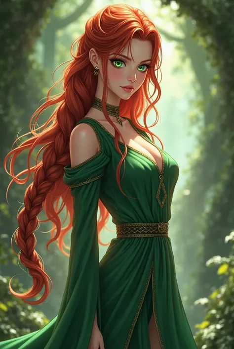 herahammerhand,  red hair top,  long hair, braid,  green eyes, green dress,  long dress, Side slit,  female, anime, lotr