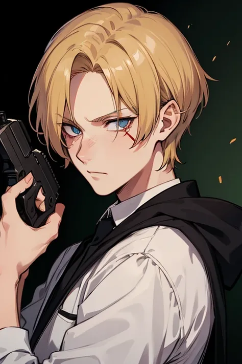 Make me a character that looks like "johan liebert" from the anime titled "monster" with elven ears and a gunshot scar on his forehead.