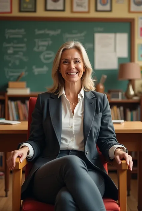 Female teacher saying hi setting on chair