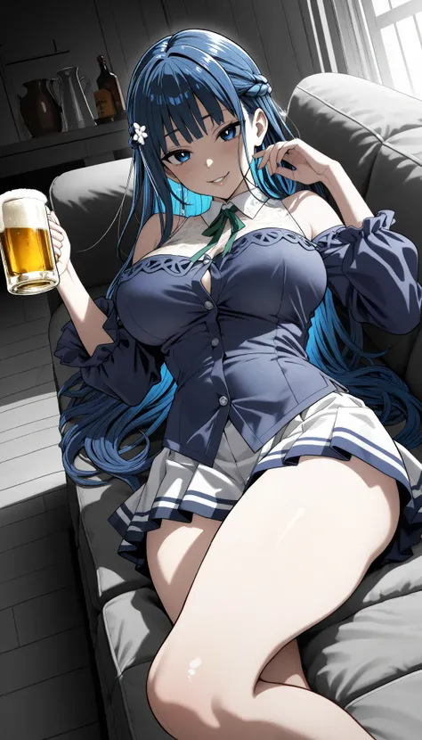 KonoSubaAqua, goddess of water, grayscale,hair on bare shoulders , long  Blue Hair with waves like waves, deep blue eyes like the sea ,  hair ornament, by the beautiful,  Blue Hair, anillos para el pelo,  lying lazily on a sofa ,  mischievous smile, presum...