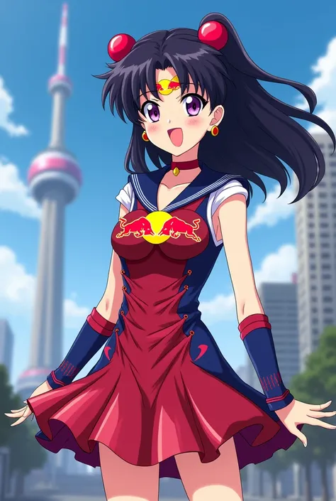 original art, Sailor Mars, sailor moon, red bull dress, Red Bull logo on the chest, Smiling, Alone, Tower in background, anime, pink dress, Rei Hino