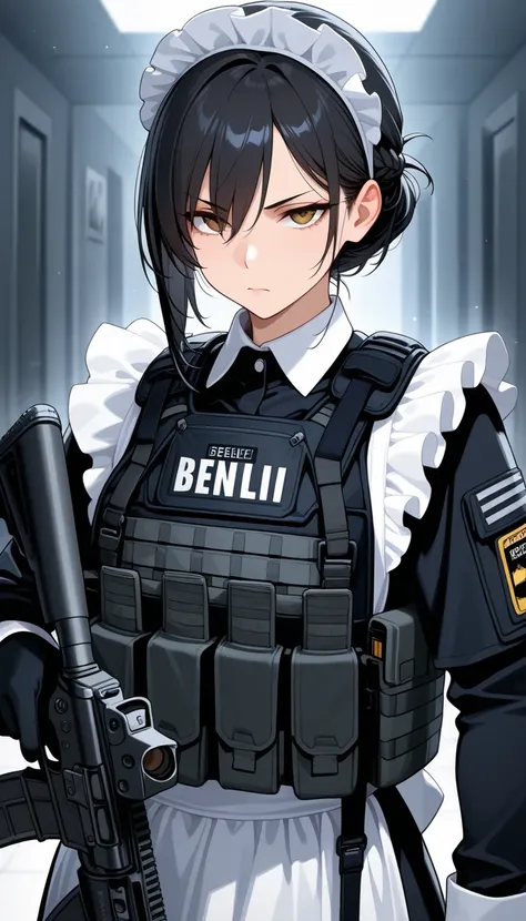 mature maid, black hair, bulletproof vest, tactical gear, maid uniform, serious looking,benelli m4, 
,masterpiece,best quality,amazing quality,