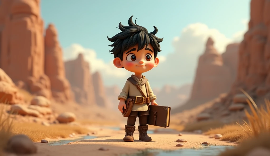 A 3D image of A cartoon aged boy( tall, messy black hair and determined brown eyes. He wears a simple tunic with a leather belt, dark brown pants, and boots. A magical book is in his side bag .) is stepped into this strange world( blur sky,dried rivers 