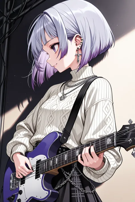  Masterpiece,   top quality,  best image quality,  1 girl,punk, ((耳全体にEarrings)), ((耳に沢山のEarrings, Earrings)),  purple eyes, ((silvery and purple hair)), ((The tips of the hair are silver)), ((One silver hair)), Earrings, (( short bob)), White knit,  black...