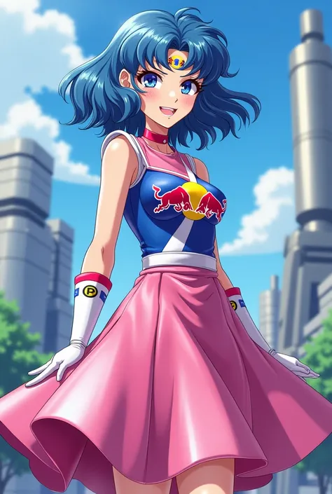 original art, Sailor Mercury, sailor moon, red bull dress, Red Bull logo on the chest, Smiling, Alone, Tower in background, anime, pink dress, Which is Mizuno