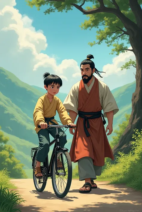 xiao yan riding a bike with his master 
