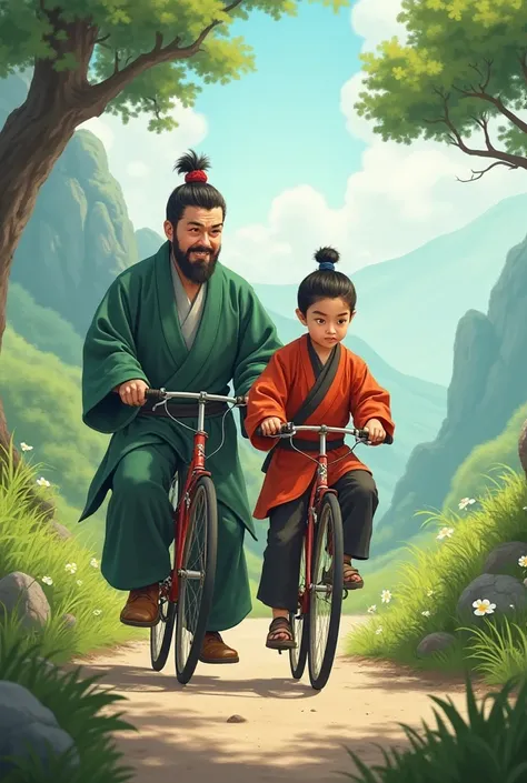 xiao yan riding a bike with his master 
