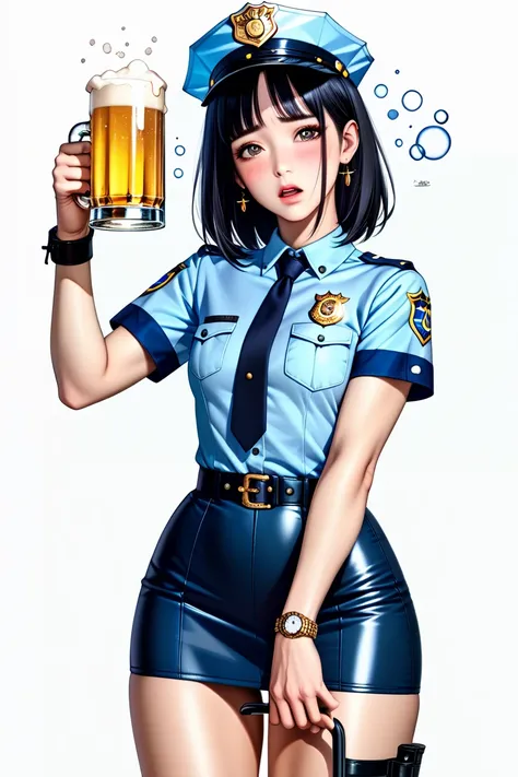   ((1 beautiful Japanese woman :2.0)),( supermodel body:1.2),(Drunk_Hiccups hic hic:1.2),real skin ,small breasts, long black hair, Super Detailed Black Eyes,( beautiful face:1.5),(Police belt with black leather holster :1.3),( ultra short sleeve police sh...