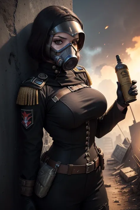 Female death korp soldier, photorealistic, fit, (((perfect breasts))), warhammer 40k. Wearing ((((black death korp of krieg uniform)))) and ((death korp of krieg gas-mask)). World war 1 Trench background. High angle view.