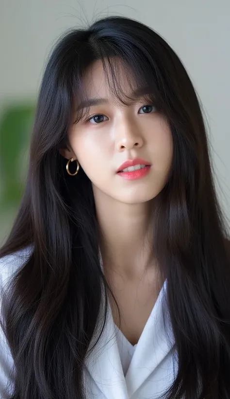 Seolhyun, black straight very long hair, bangs, school yearbook, Hot, school uniform, hoop earrings, makeup, Masterpiece, High Resolution, Accurate, High Details, Textured Skin, photography, poster, pose, Realistic. 