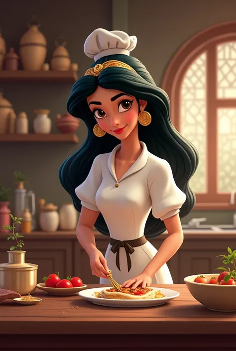 Photo de princess Jasmine mais elle cuisine ou elle habille tenue de chef cuisinier 