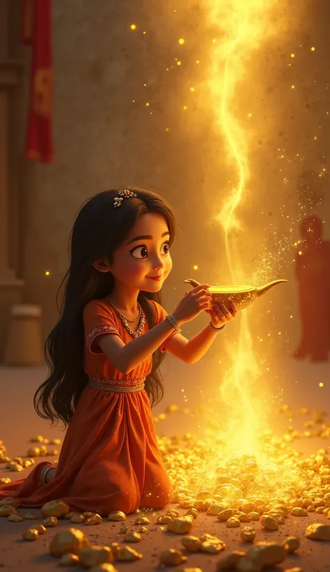 Scene 7: Noor’s Realization

Description:
Noor suddenly realizes that her first two wishes were for others, but her last wish was selfish. She feels guilty and asks the genie to take back the gold and instead give true happiness to everyone.

Scene Detail:...