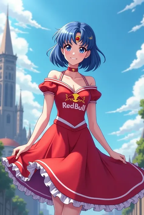 original art, Sailor Mercury, sailor moon, red bull dress, Red Bull logo on the chest, Smiling, Alone, Tower in background, anime, Which is Mizuno