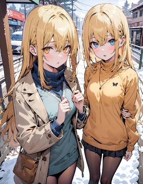  Eyes Wallenstein,  Eyes Wallenstein,   blond hair left and right,  ,  headband,  half up do, long hair,  yellow eyes,White Down Coat ,blue scarf , open your mouth, White Breath,( sweater  :1.2),(  turtleneck:1.2),black pantyhose, suitcases, Bbo~,snow,whol...