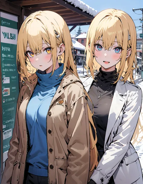  Eyes Wallenstein,  Eyes Wallenstein,   blond hair left and right,  ,  headband,  half up do, long hair,  yellow eyes,White Down Coat ,blue scarf , open your mouth, White Breath,( sweater  :1.2),(  turtleneck:1.2),black pantyhose, suitcases, Bbo~,snow,whol...