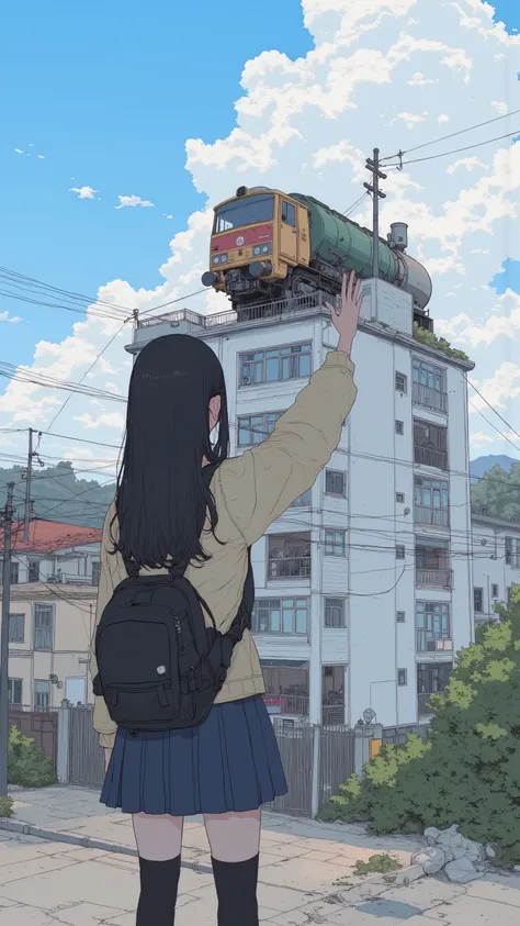  live-action、Genuine、  Back view of a very beautiful Japanese high school girl 、Raise one hand and spread your palm toward the sky、uniform、Superpowers、A train is floating on the roof ,  A tanker truck is standing on the roof of a 、cloudy、  rear view