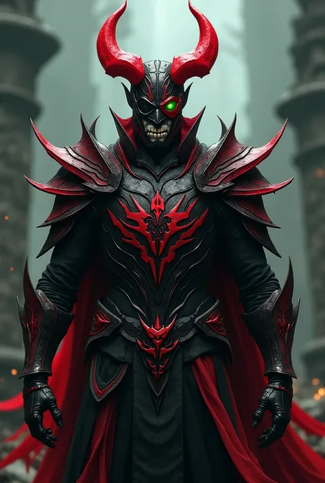 Anime medieval, eye patch, red aand black color scheme, green eye, evil smirk, warrior, armor, red horn headpiece.