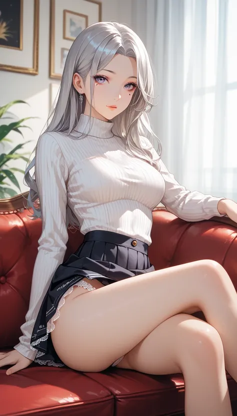 best quality, absurdres, わきDownを見せない, Down,  no background,  becomes transparent when you stare at it {x}, PE, cowboy shot,  perfect beautiful face, Beautiful breasts,  thin legs, slim, beauty mark, silver long hair, parted bangs, ribbed sweater, (frilled ...