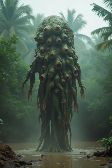  A viscous, amorphous creature rising from the ground .  Small tentacles scattered all over the body with bloody eyes at the ends.  Mouths scattered all over the body . humidity. mud . bosque tropical.  ground-level fog .  inspired by Lovecraft. Cosmic hor...