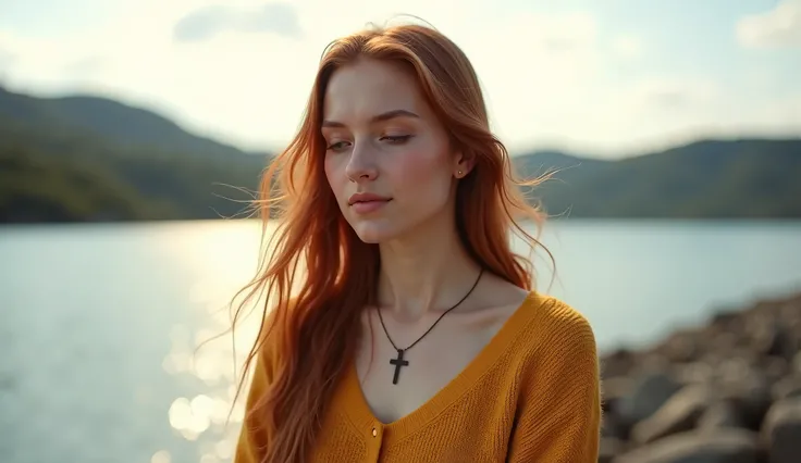 (photorealism:1.2), "A young woman with long, flowing auburn hair stands near a peaceful waterfront, wearing a mustard-yellow sweater. She looks down gently, her serene expression reflecting quiet contemplation and spiritual reflection. The soft, natural l...