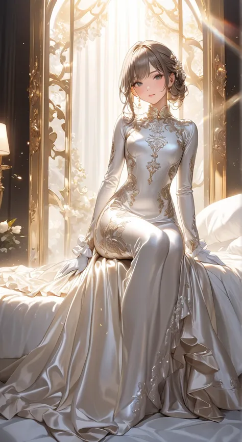  full body photo、 portrait、god々Shining light、( masterpiece, top quality,  ultra high resolution ),Extremely detailed CG, Japanese woman,(( beautiful face)),(( long sleeve long sleeve dress made of shiny white silk satin))、((The dress has a simple design wi...